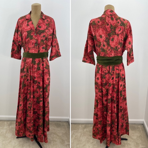 Vintage 60s Evelyn Pearson Lounge Red Floral V Neck Collar Maxi Flare Dress M - Picture 2 of 11